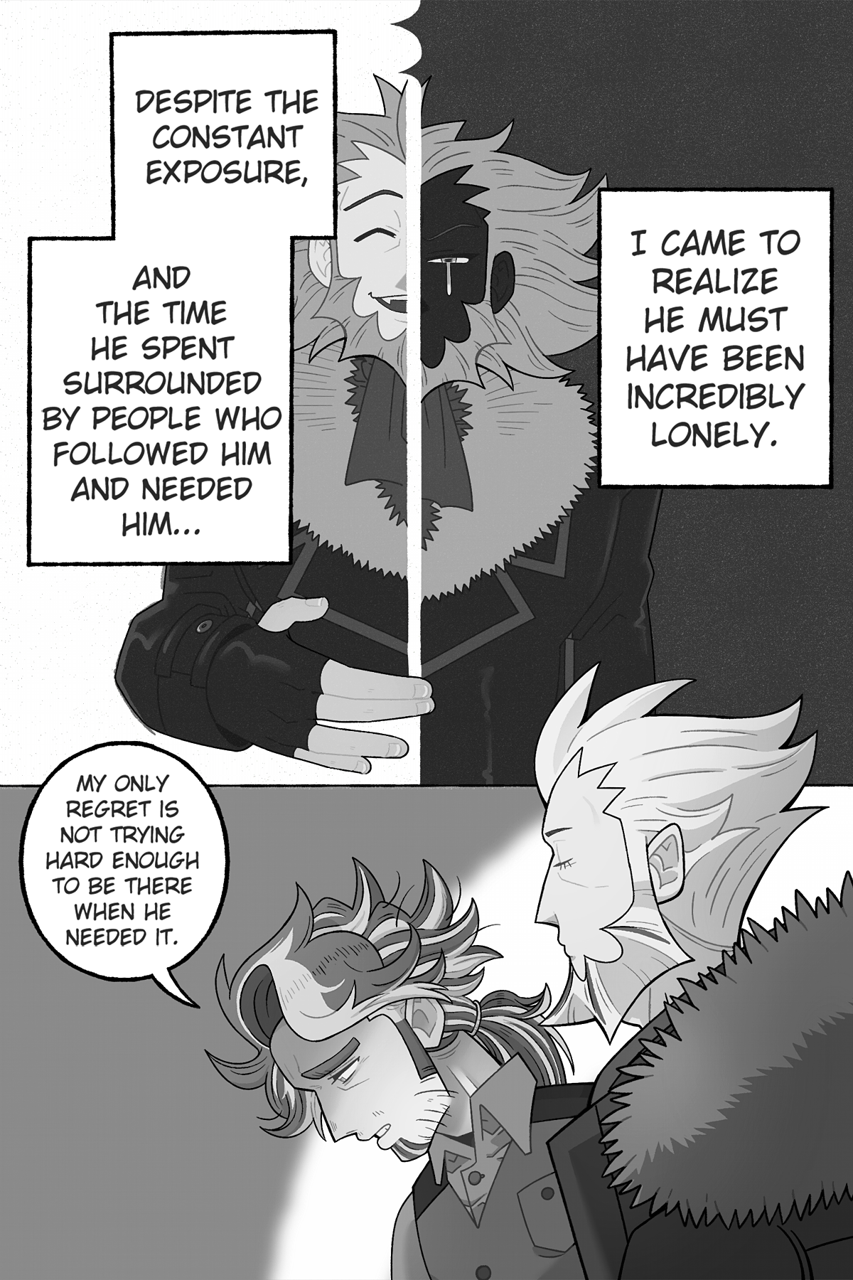 Six pages long digitally drawn fancomic for Pokémon Legends Z-A/Pokémon X&Y. This is the fourth page. The first panel shows Lysandre cut into two. The first half is him smiling, holding his hand in front of him. Sycamore's commentary goes on, 'Despite the constant exposure, and the time he spent surrounded by people who followed him and needed him...' The second half of Lysandre is shrouded in darkness, his face completely obscured. He's crying. Sycamore finishes, 'I came to realize he must have been incredibly lonely.' The second panel shows Sycamore, his head bent forward with a pained expression. L is still looking at him. Sycamore adds, 'My only regret is not trying hard enough to be there for him when he needed it.'