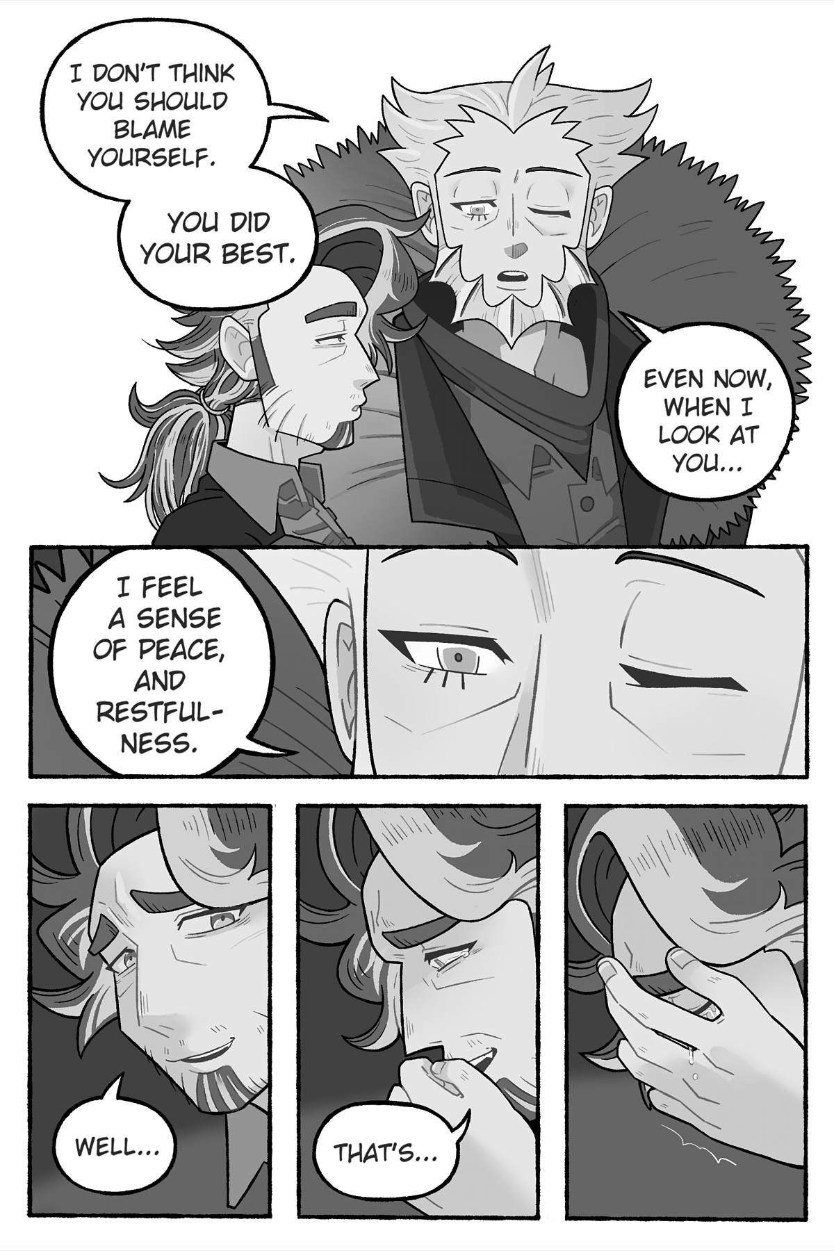 Six pages long digitally drawn fancomic for Pokémon Legends Z-A/Pokémon X&Y. This is the fifth page. The first panel shows Sycamore and L, with Sycamore at the front and L in the back. L says, 'I don't think you should blame yourself. You did your best. Even now, when I look at you...' Sycamore looks up at L, surprised. The second panel zooms in on L's eyes. He says, 'I feel a sense of peace, and restfulness.' The final three panels are focused on Sycamore's face. In the first one, he's half-smiling, taken aback by L's words. He says, 'Well...' In the second one, he's bringing his hand up to his face and tears are beginning to appear in his eyes. He says, 'That's...' In the third one, he's holding his face in his hands and has started crying.