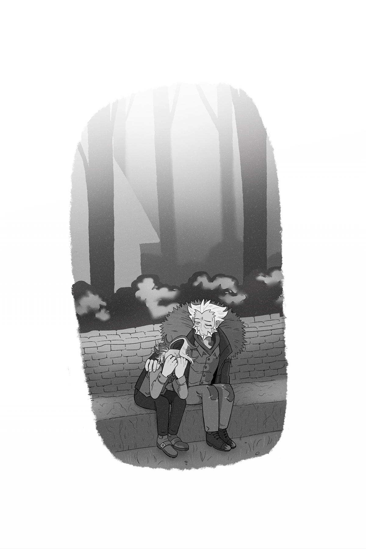 Six pages long digitally drawn fancomic for Pokémon Legends Z-A/Pokémon X&Y. This is the sixth and final page. The view zooms out to show Sycamore and L sitting next to each other, drawn in a simpler style. Sycamore is bent forward, hiding his face in both of his hands as he cries. L has one hand on Sycamore's back and looks down at him with a saddened expression.