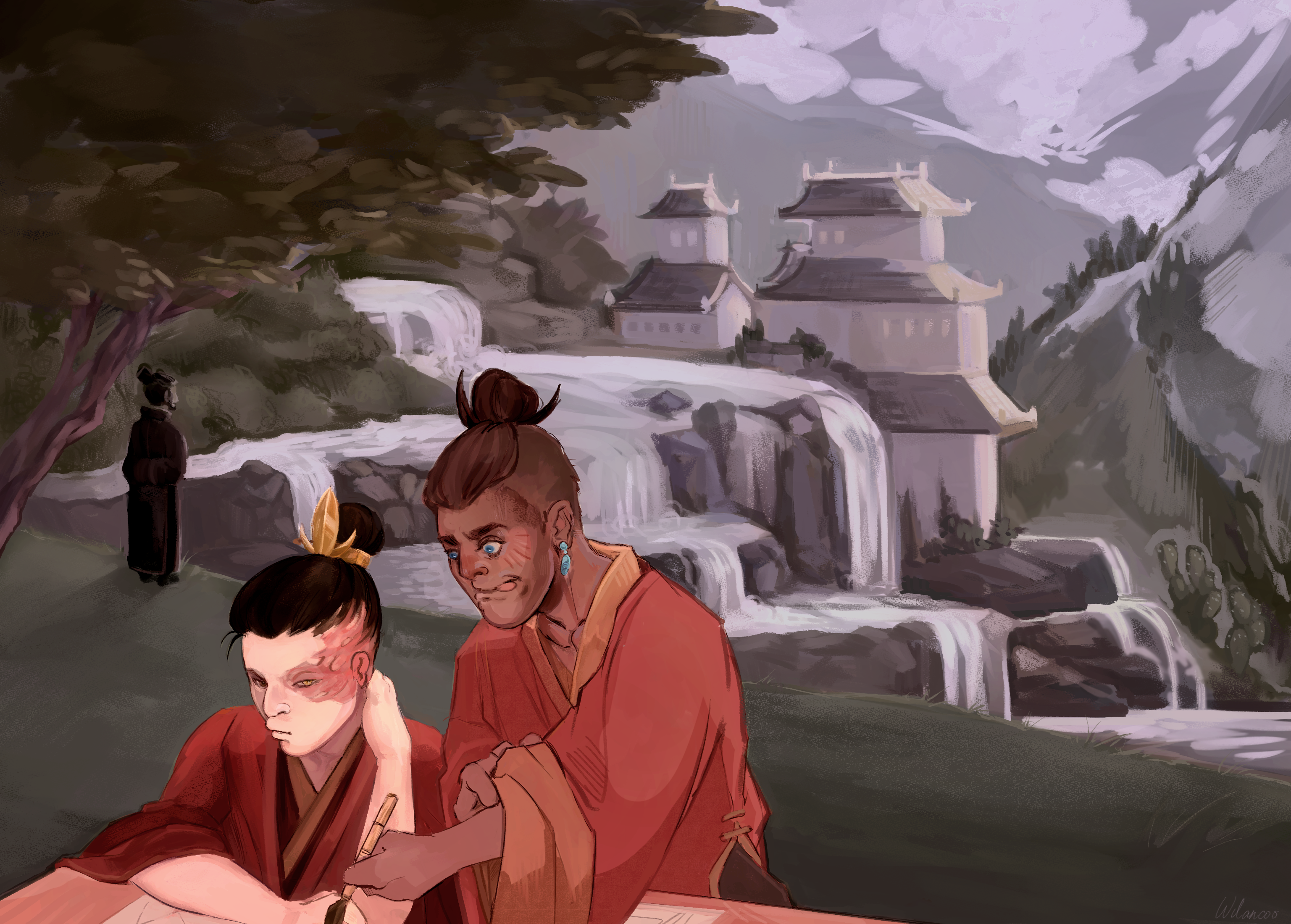 Zuko and sokka are sat in the foreground, painting at a low table. Sokka is a dark-haired, brown-skinned young man. Zuko is light-skinned and has a scar over his (viewer) right eye. He wears his dark hair up in a bun, closed with a golden pin. Both boys are wearing loose robes. Sokka looks enthousiastic, leaning over excitedly. Zuko side-eyes him grumpily, pouting. In the background is a landscape with several waterfalls, pagoda-type buildings and mountains. To the left, under a large tree, piandao looks out over the view. 