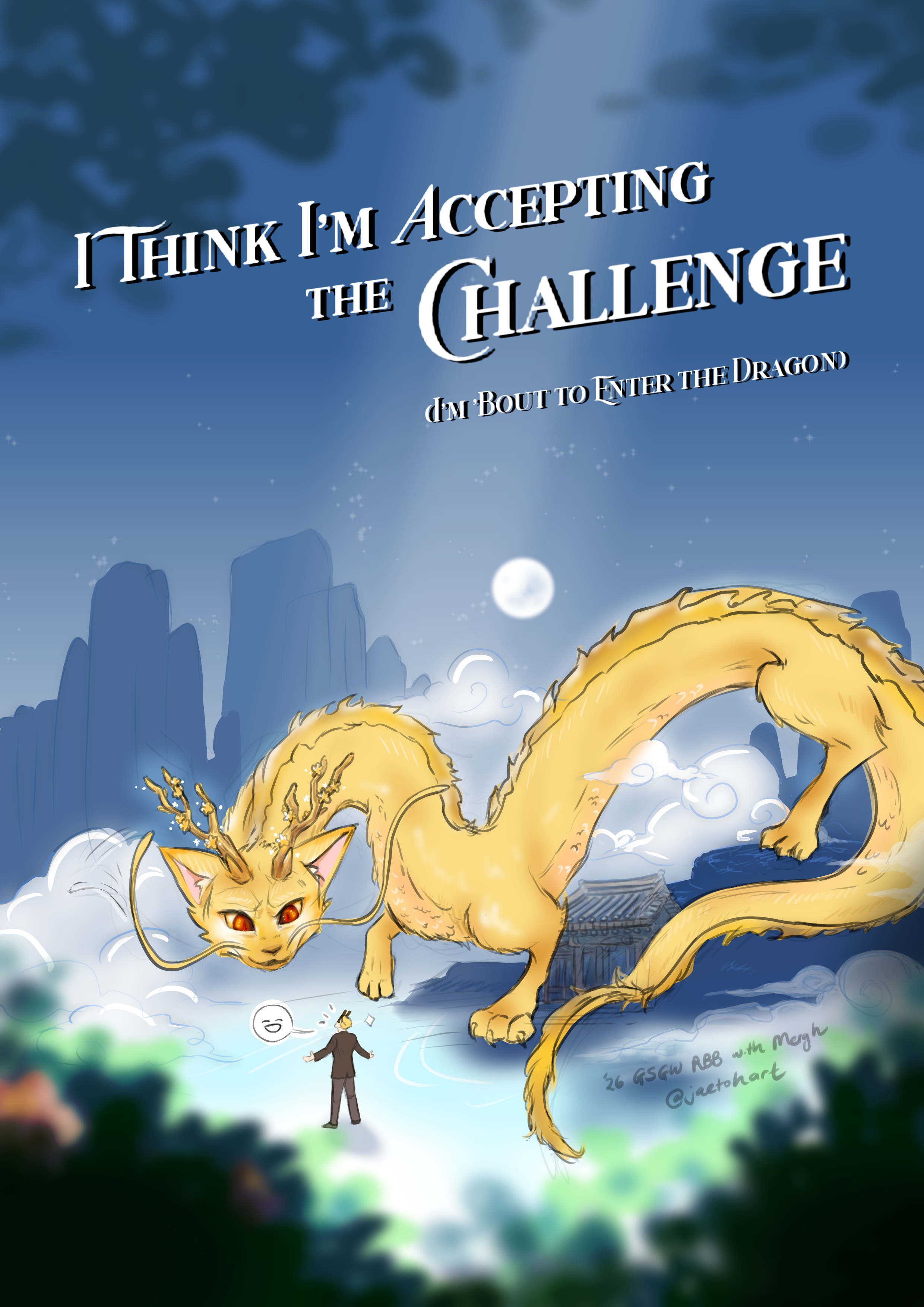 the cover page: an enormous golden dragon with branching horns and red eyes looks down at a tiny human figure wearing a rabbit mask, who is looking back up with a smile and his arms spread. Across the top of the image is the title: I Think I'm Accepting the Challenge (I'm Bout to Enter the Dragon), the author's self-admitted attempt at a dragon fucking joke for want of actual dragon fucking in the text (a tragedy). Behind them is a beautiful starry night, with a full moon in the sky, mountains far in the distance, and a forest surrounding them. The dragon stands protectively on top of an old-fashioned looking gate.