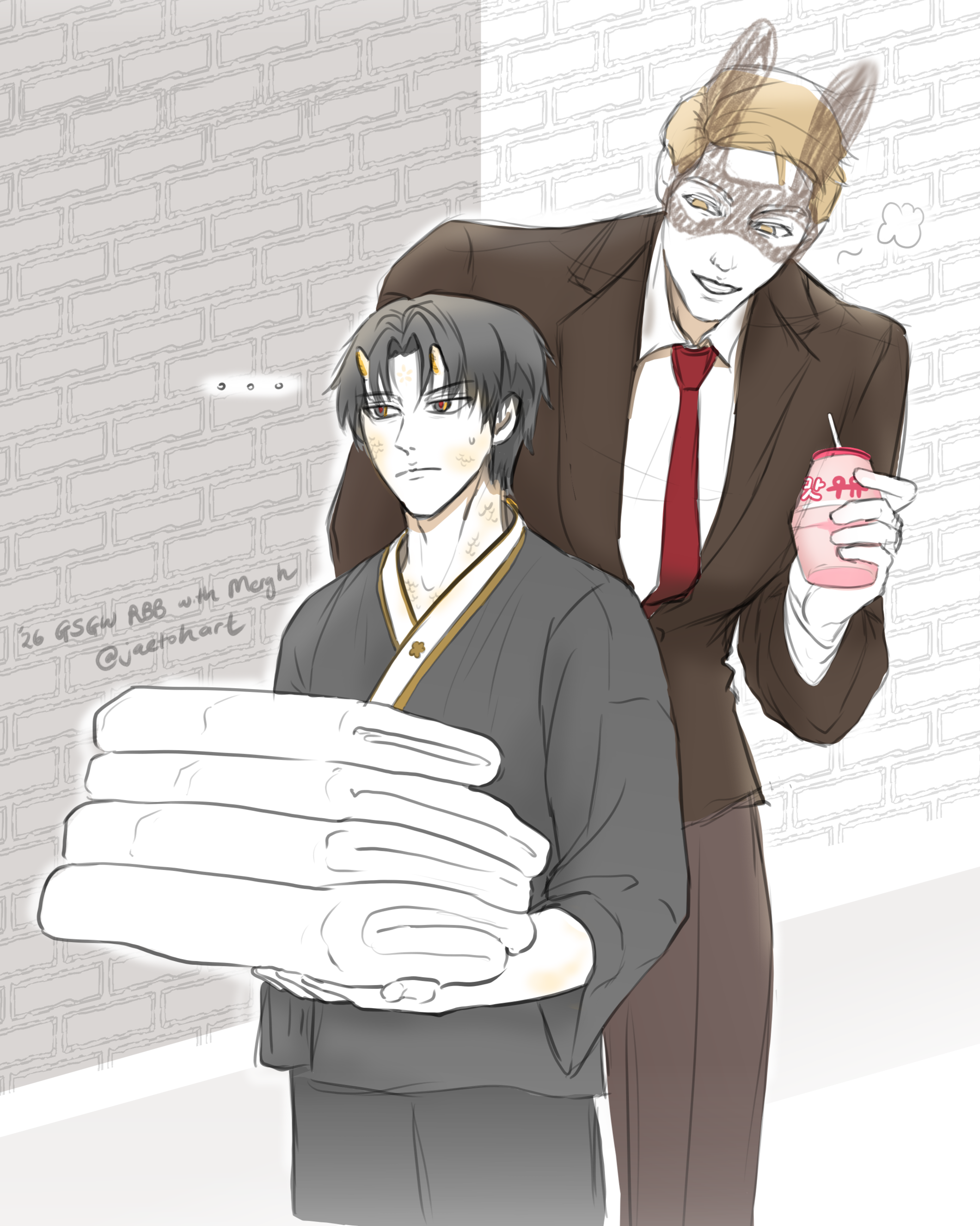 Braun (a man with golden hair and golden eyes, gasp! their pairing must be fate), wearing a tasteful brown suit, red tie, and brown bunny mask (like a terrible even shadier magician) holds a strawberry milk. He is smiling down at the poor beleaguered employee with his most charming smile. The employee himself is largely nonplussed. He is wearing the uniform of the Golden Flower jjimjilbang, mostly black with tasteful gold lining, and carrying a stack of towels.