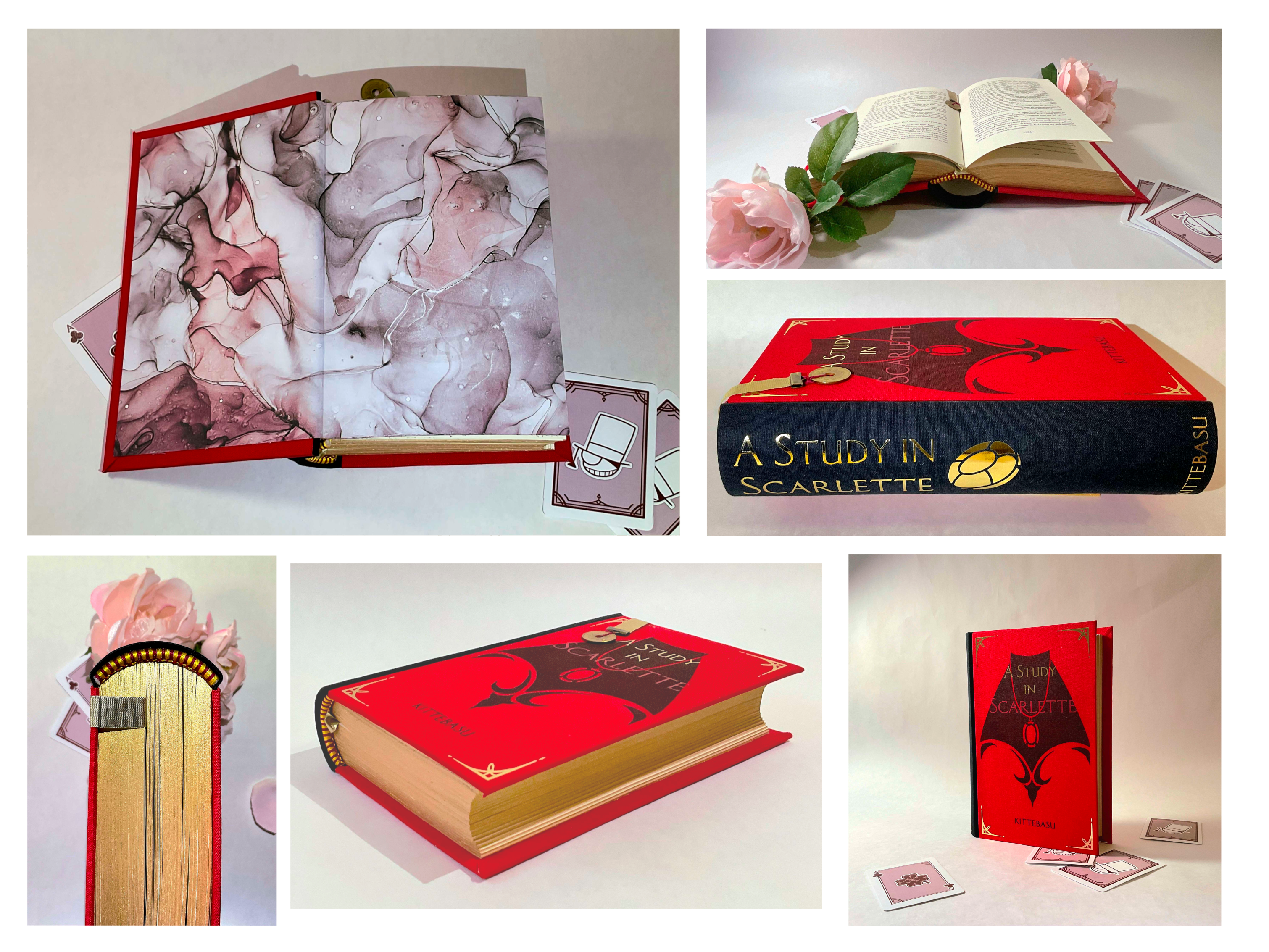 A collage of six photos of handbound books.