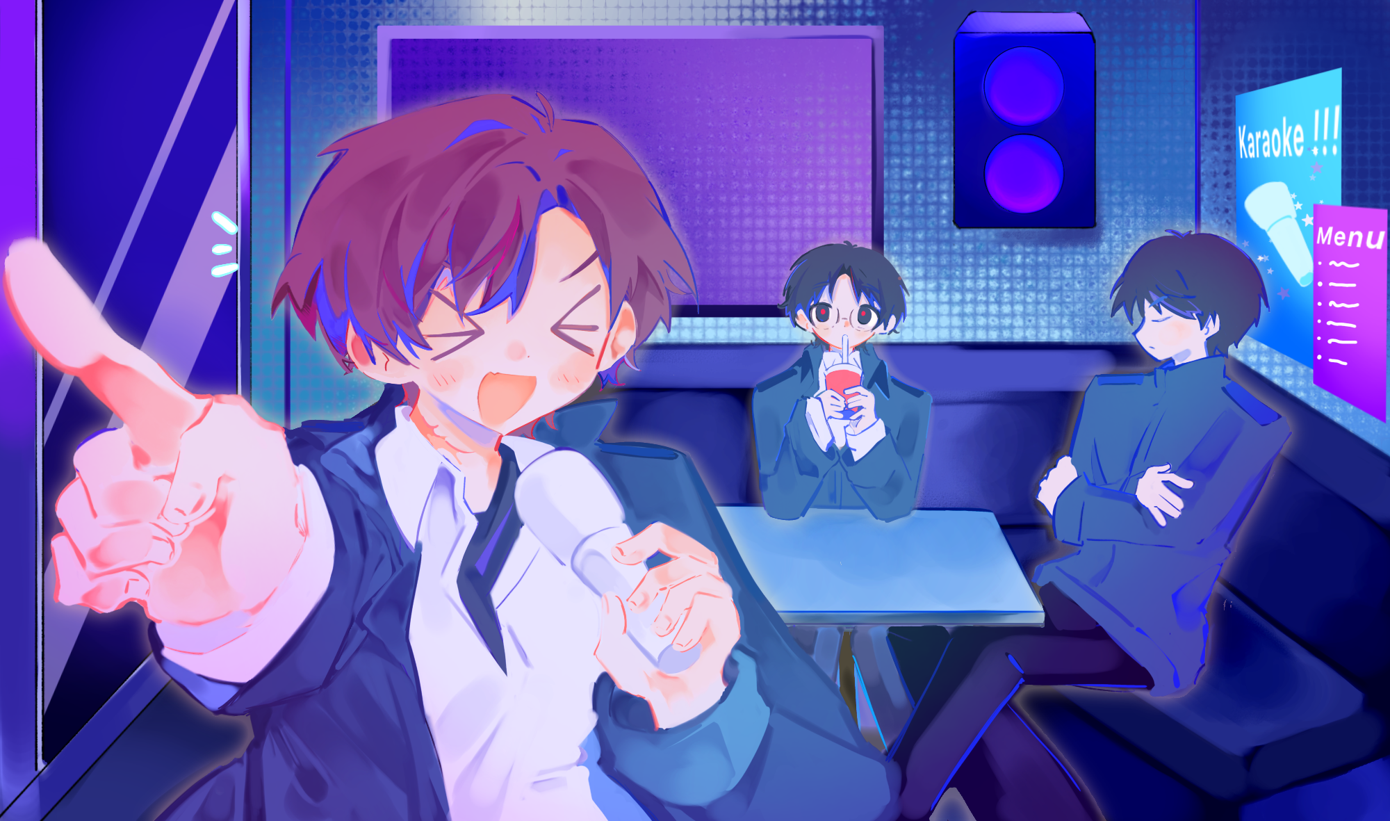 Agent Choi is having a blast with the karaoke machine while Kim Soleum & Ryu Jaekwan chill in the background. Kim Soleum is drinking a carton of juice.