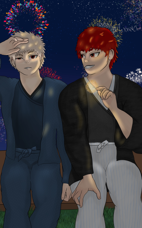 Kirishima and Bakugou watching the fireworks