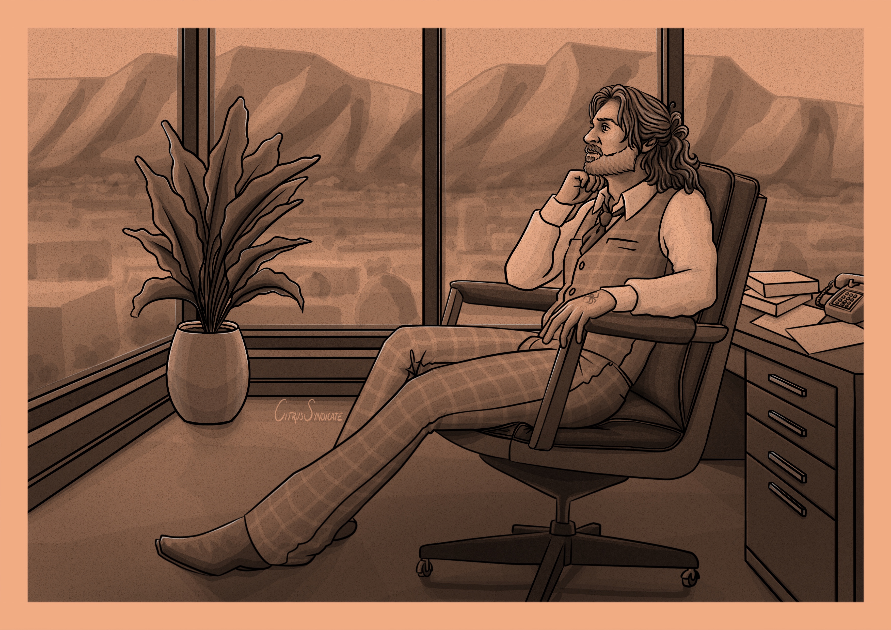 A digital drawing in sepia tones of Ed sitting in a desk chair and gazing out the window of his office. He wears a white button-down shirt and a plaid vest and trousers, as well as a tie. His hair is half-up and he has his chin perched on his fist and his elbow on the arm of the chair. He's got a short beard. Outside his window, there are hills and a cityscape.