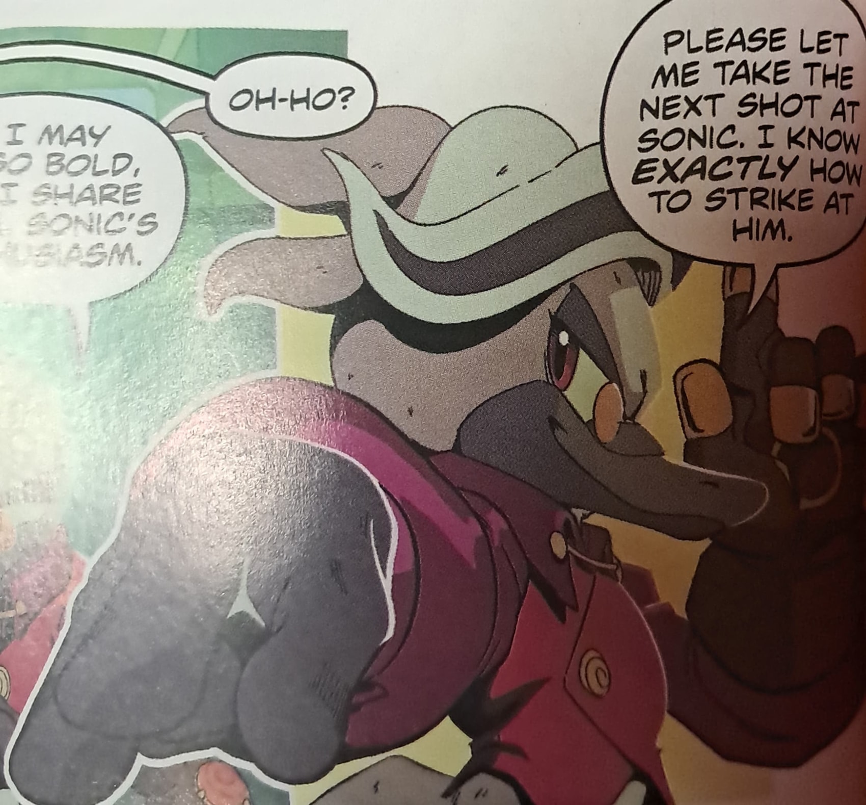 Starline striking a dramatic pose while speaking to Eggman, looking at him from the side with his index finger raised. He says, please let me take the next shot at Sonic. I know exactly how to strike at him.