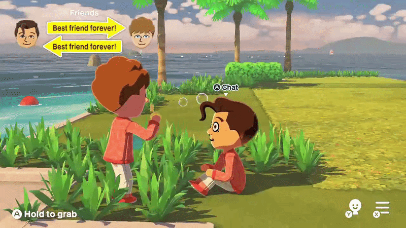 GIF of Tomodachi Life gameplay where Eddie is cheering Buck on as Buck blows bubbles