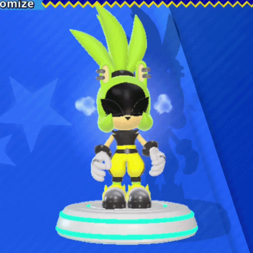 gif of Surge the Tenrec as she appears in Sonic Rumble, clenching her fists and raging before dropping her gaze and shaking her head.