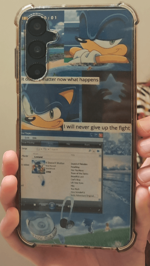 Sonic themed phone case with screenshots of Sonic and quotes from the series in a collage.