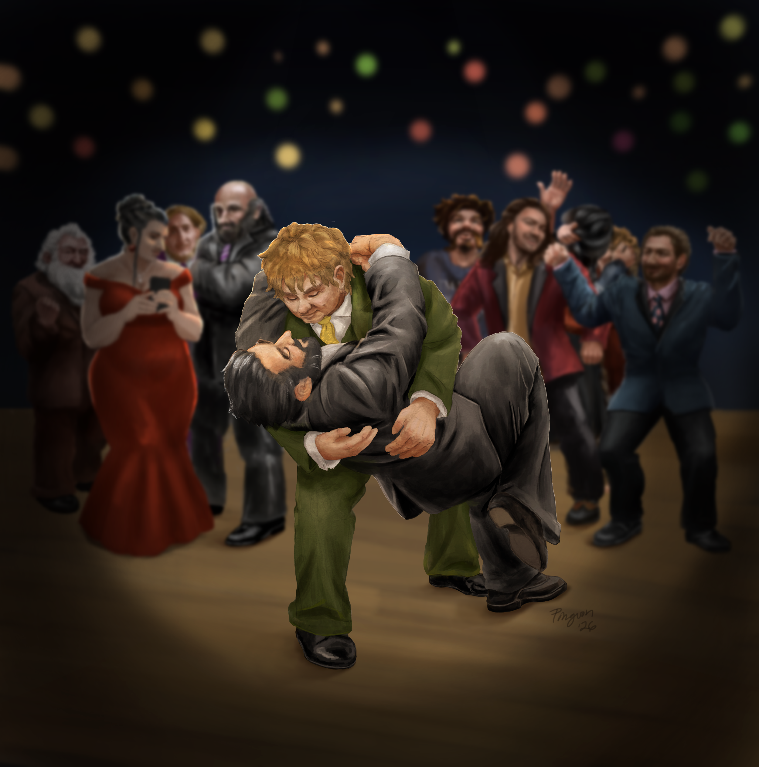 Modern AU with Bilbo and Thorin dancing, with several of the characters from Thorins company in the background. 