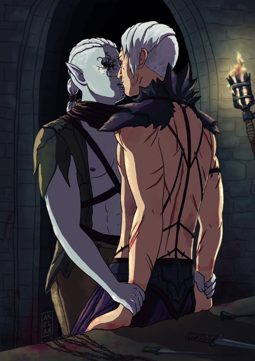 He Who Was pinned Abdirak to the tool table and held him by the wrists. They're almost kissing. He Who Was's mouth is slightly open, and Abdirak is smirking slightly.