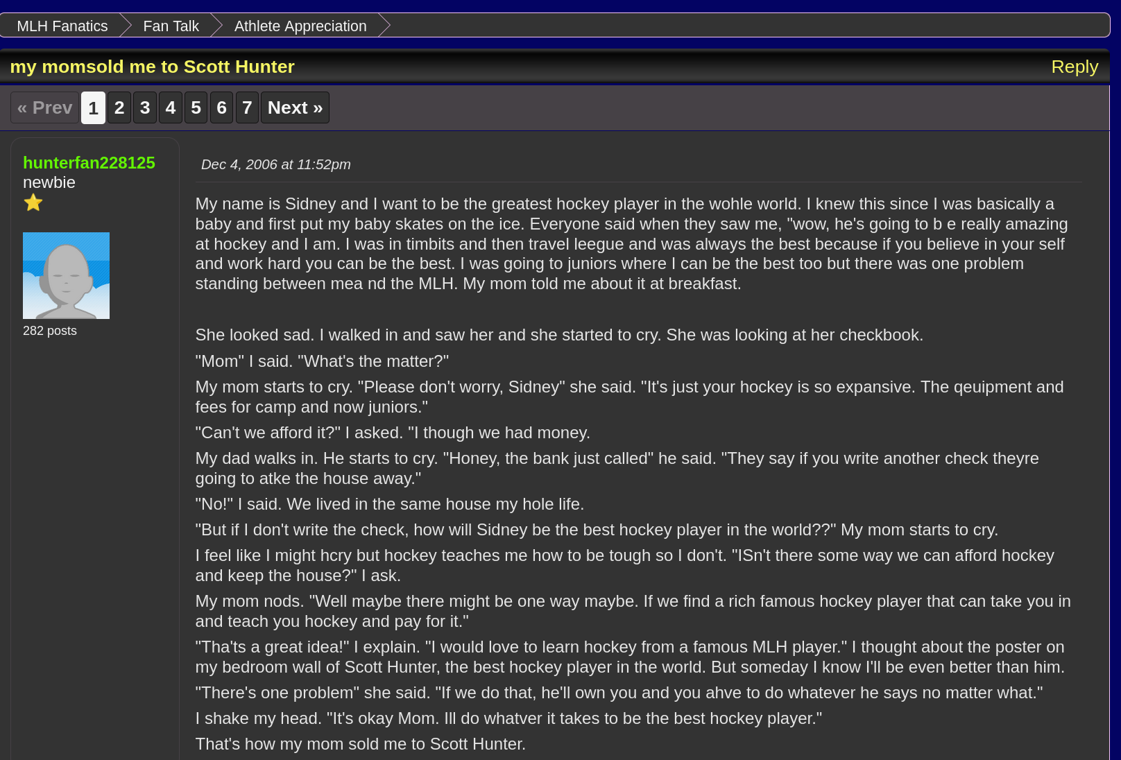 A screenshot of the above text, posted to a MLH Fanatics forum by hunterfan228125, a user with a default avatar. The screenshot shows it was posted in the Athlete Appreciation section of the forum, and there are seven pages worth of posts on this thread. 