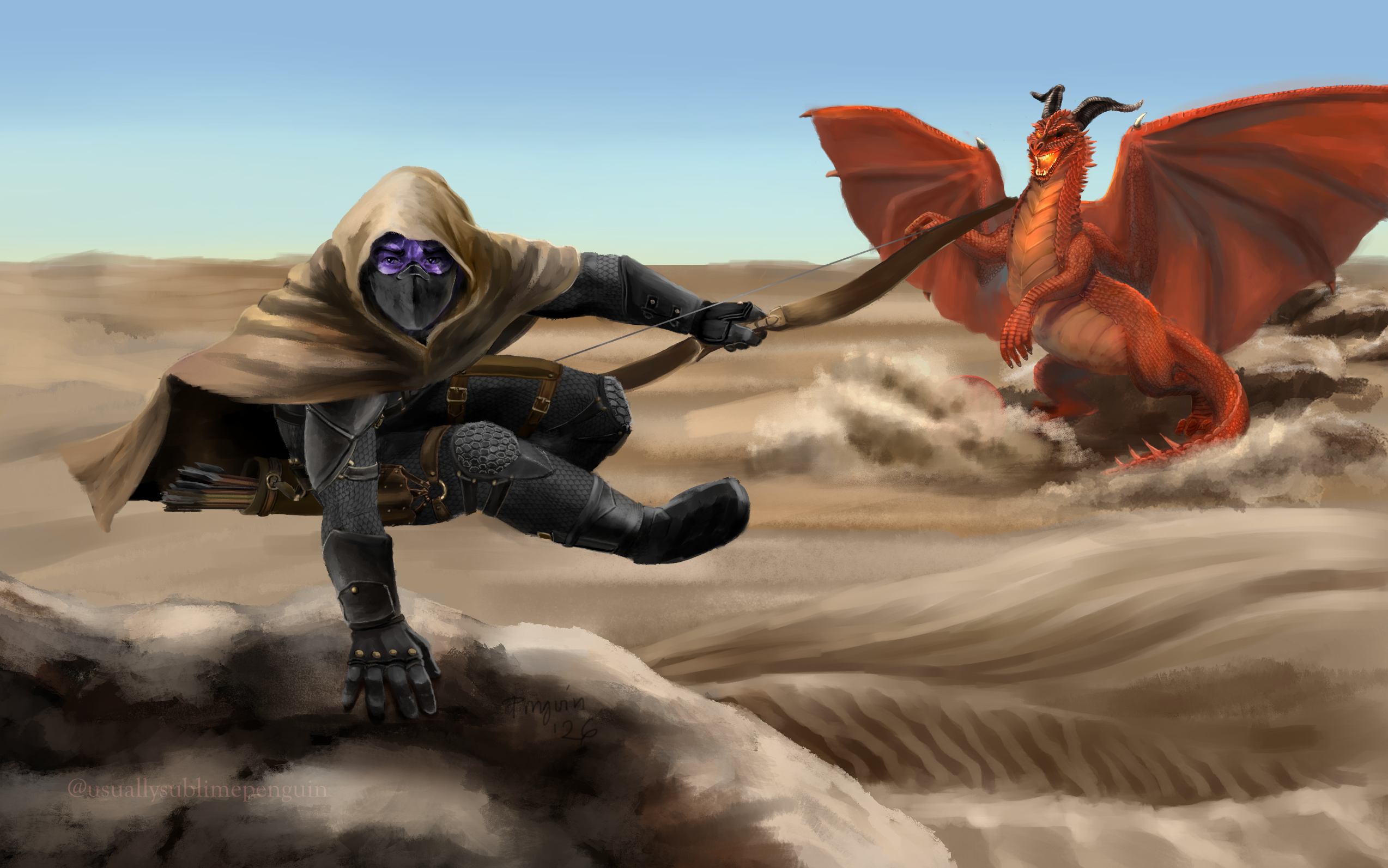 Elf with purple skin, clad in a beige cloak, black light armor and a variety of fighting gear jumping for cover behind some rocks. In the background, a very angry dragon missing one eye prepares to fire. 