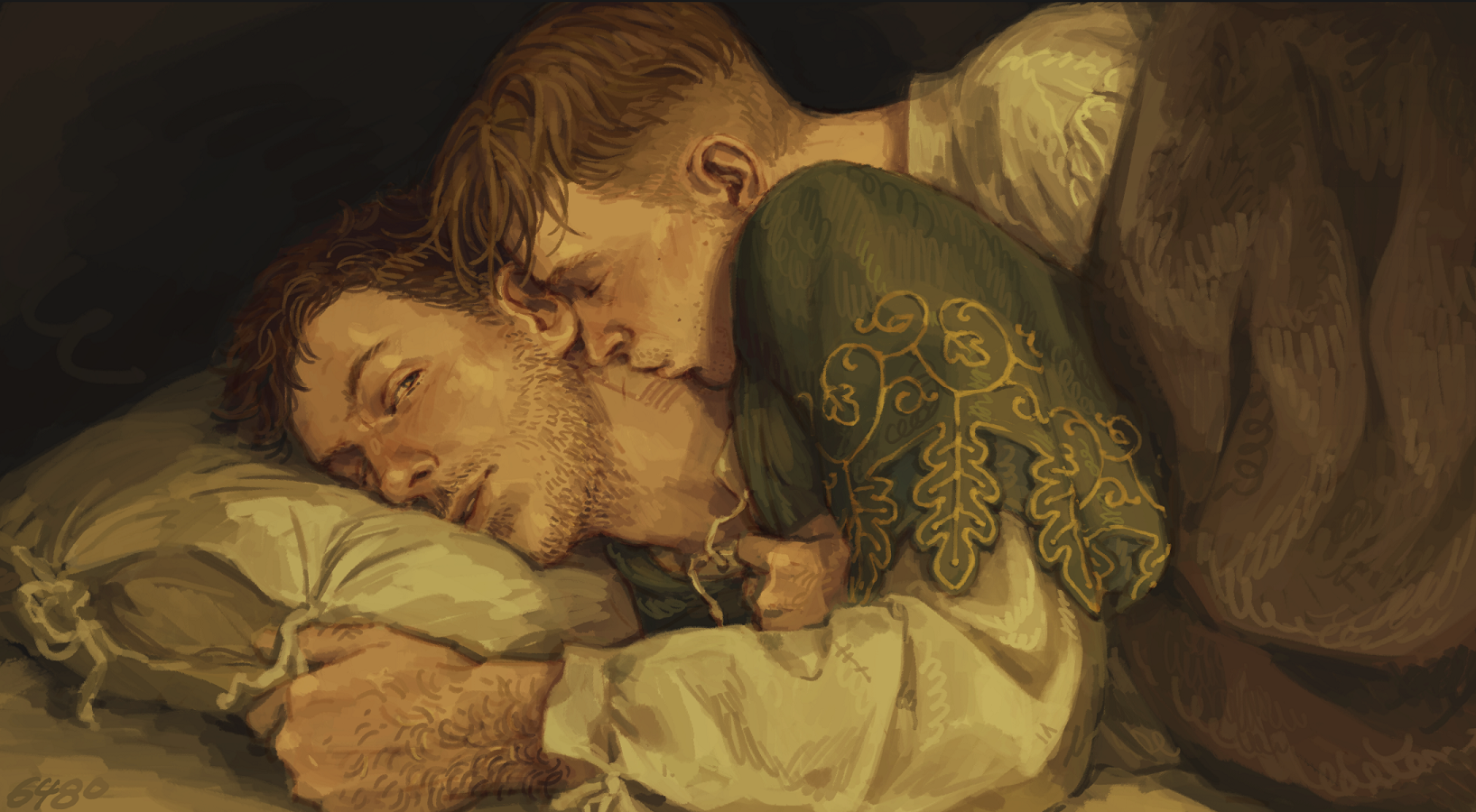 Digital illustration of Henry and Hans from the game Kingdom Come Deliverance. They are lying in bed together, Hans hugging Henry from behind and kissing his neck. Both of them are wearing simple nightshirts, though Henry is wearing a green hood around his shoulders. He has a brand on his neck, signifying criminal charges. The lighting is a low yellow, like it's early morning or late at night.