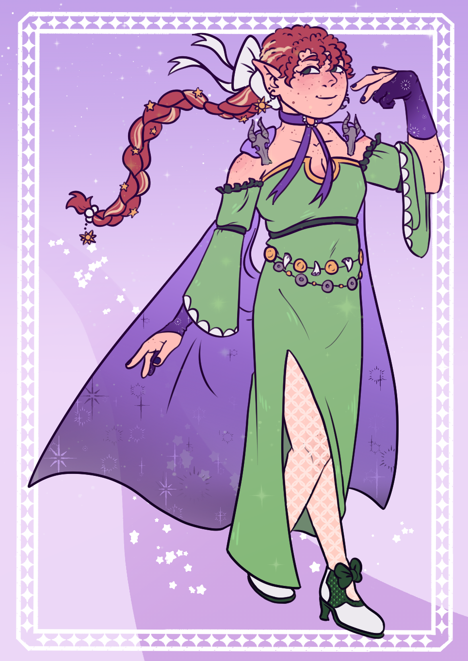 [A digital illustration of Gem from Empires SMP. She struts towards the camera with a smile, wearing a slim green dress with dark green and gold trim and a slit up to the mid thigh. She wears sheer white tights and a sheer purple cape affixed with silver dragon head clasps. Her hair is pulled back into a long braid studded with gold stars and tied with a large white bow. The background is a simple purple and white gradient with cartoon stars as a border.]