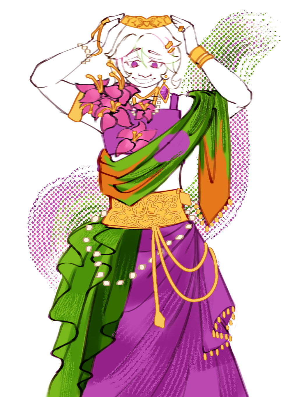 [a digital sketch of Mezalean King Joel. His outfit is inspired by South Indian sarees; he wears a sleeveless purple blouse and long flowy skirt, with green and purple fabric attached to it at the waist under a large golden waistband adorned with flower engravings. Joel has a sash with the Mezalean Flag and is placing a crown on top of his head.]