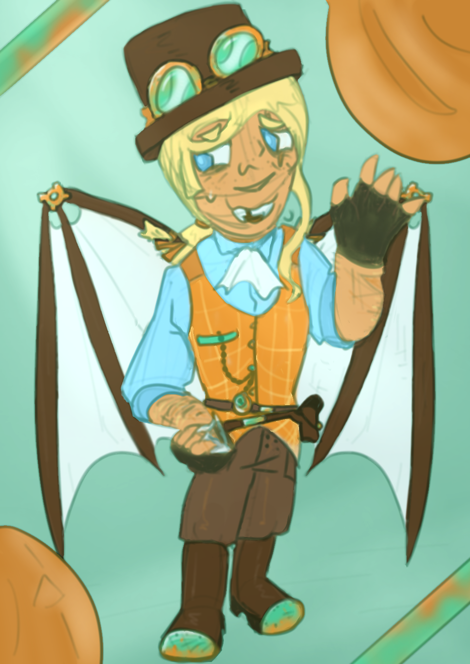 [a digital drawing of Empires False waving nervously to the camera with her left hand while looking away. All copper is partly oxidized, and the color palette is limited. She is wearing a steampunk suit: a white cravat, a blue button-down with rolled-up sleeves, an orange corset-like vest with light yellow stitches, leather pants, and copper-toed boots. Her top hat has her goggles from her skin on it, and she has her custom elytra on. She has a holster on one of her belts, a pocket watch hanging from her jacket pocket, fingerless gloves, and a low ponytail. Her arms are riddled with small scars; prominent ones appear on her left forearm, her neck, and her left eye. She's missing a tooth. Her right hand is holding a potion of forgetfulness. Framing her are copper bars in the top left and bottom right corners, a bunched-up orange curtain in the top right, and a carved pumpkin drawn to look like the curtain in the bottom left.]