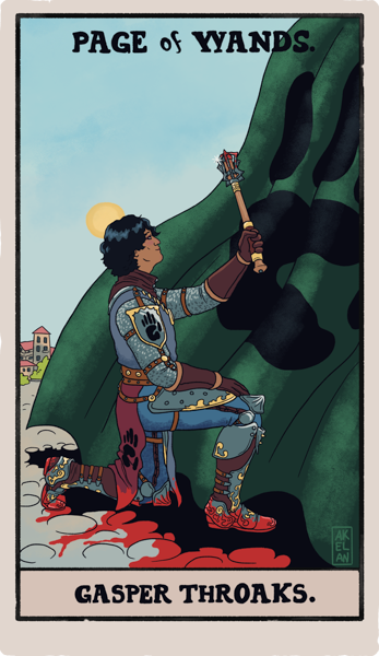 A tarot card for the Page of Wands: Gasper Throaks. He's kneeling before a Banite cape or flag with bloody feet, holding a bloody mace and looking rather smug.