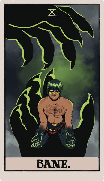 A tarot card for the Ten of Wands: Bane, Gortash is held in a black hand with his tits out and doesn't look happy about it