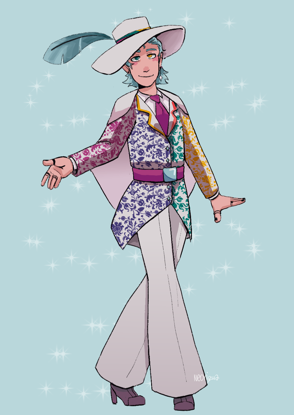 [A digital illustration of Scott Smajor, a tall blue-haired man with heterochromic eyes, one blue and one yellow. He wears a white suit with a short cape and flared slacks. The jacket is paisley-patterned in pink, indigo, teal, and yellow. He also wears a hat with a similarly-colored sash and a long feather. Scott's hands are covered in rings and he wears high-heeled boots. End ID.]