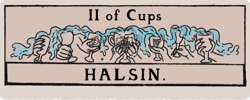 A title card that looks like a tarot card. Two of Cups: Halsin