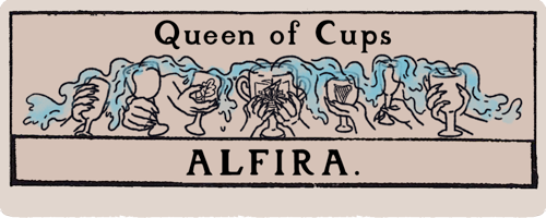 A title card that looks like a tarot card. Queen of Cups: Alfira