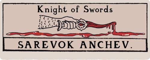 A title card that looks like a tarot card. Knight of Swords: Sarevok Anchev