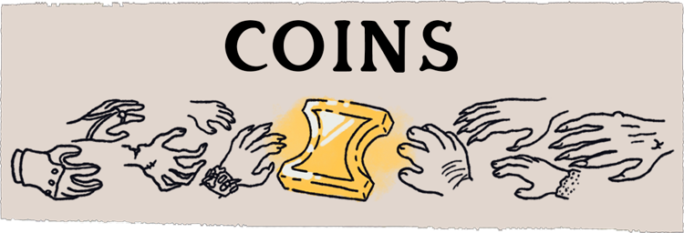 A title card for the suit of coins, with hands reaching for a square baldur's gate coin.