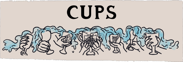 A title card for the suit of Cups with hands holding cups and water flowing between them - the cups have symbols for the harpers, baldur's gate, and the emerald grove druids