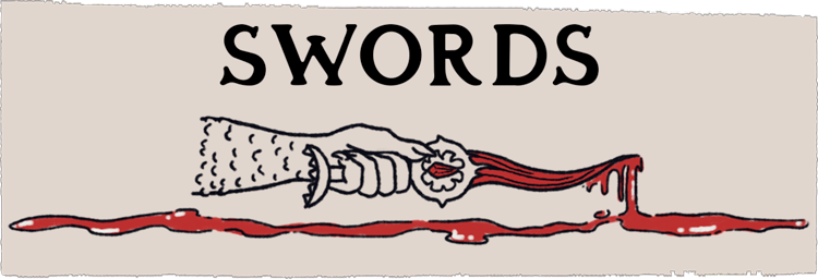A title card for the suit of Swords with The Dark Urge's hand holding the Bloodthirst dagger.