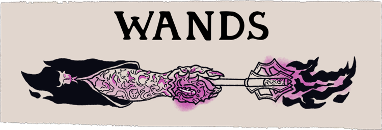 A title card for the suit of Wands with Gortash's gauntlet holding a mace.