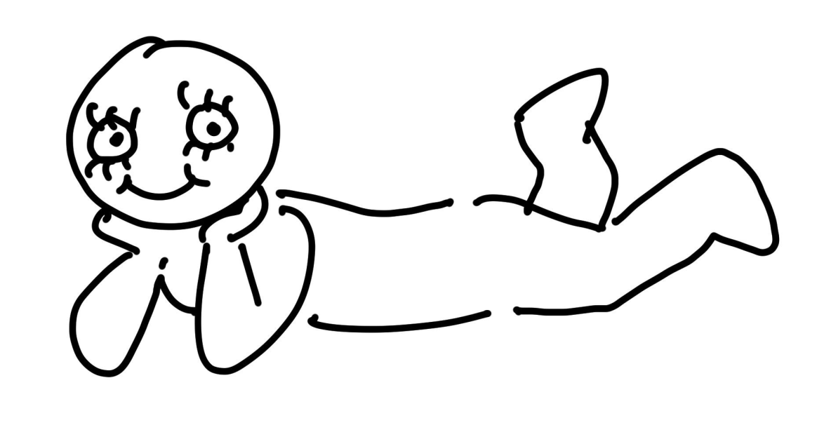 ms paint doodle of a person laying down, kicking their feet, resting their chin on their hands, and smiling at the viewer with wide eyes and long eyelashes