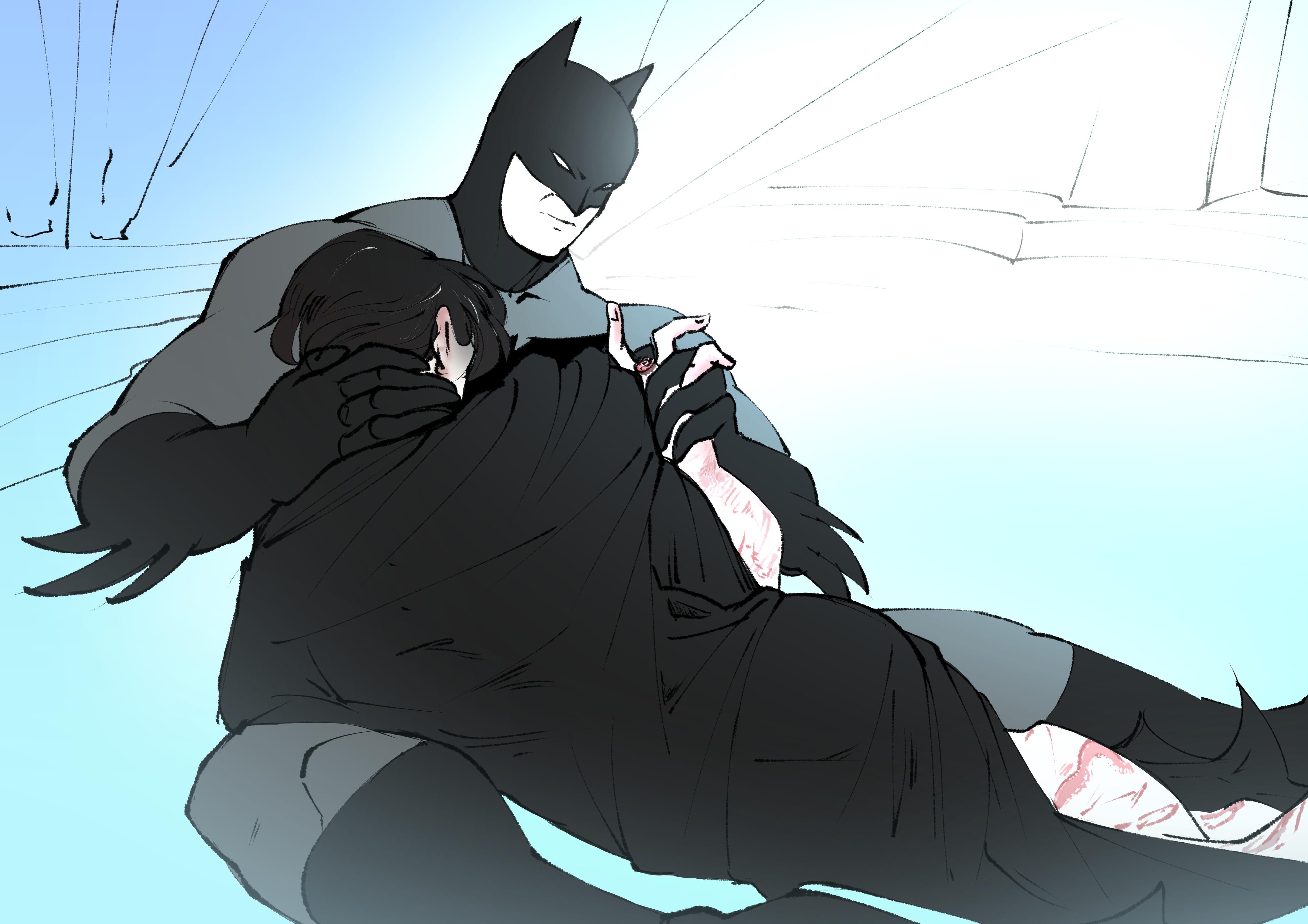 Digital illustration of Batman in his batsuit, sitting on the floor of the Fortress of Solitude with the other Bruce in his arms. Batman is holding Bruce's hand, Bruce clearly missing the middle finger of his right hand