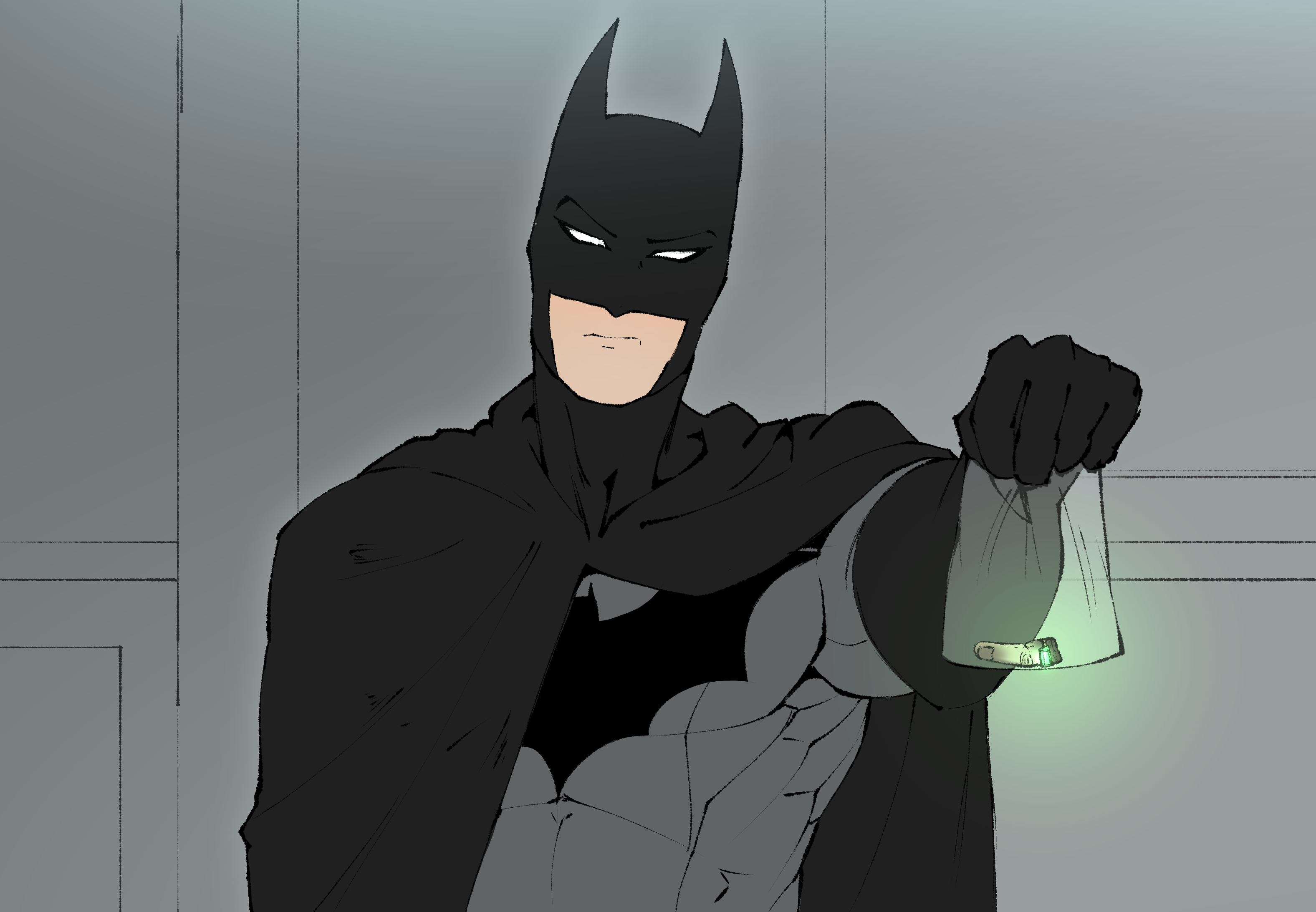 Digital illustration of Batman dressed in his Batsuit looking at the viewer. He's holding out a transparent plastic bag. Inside the bag there's a cut off finger with a ring with a green stone still wrapped around it