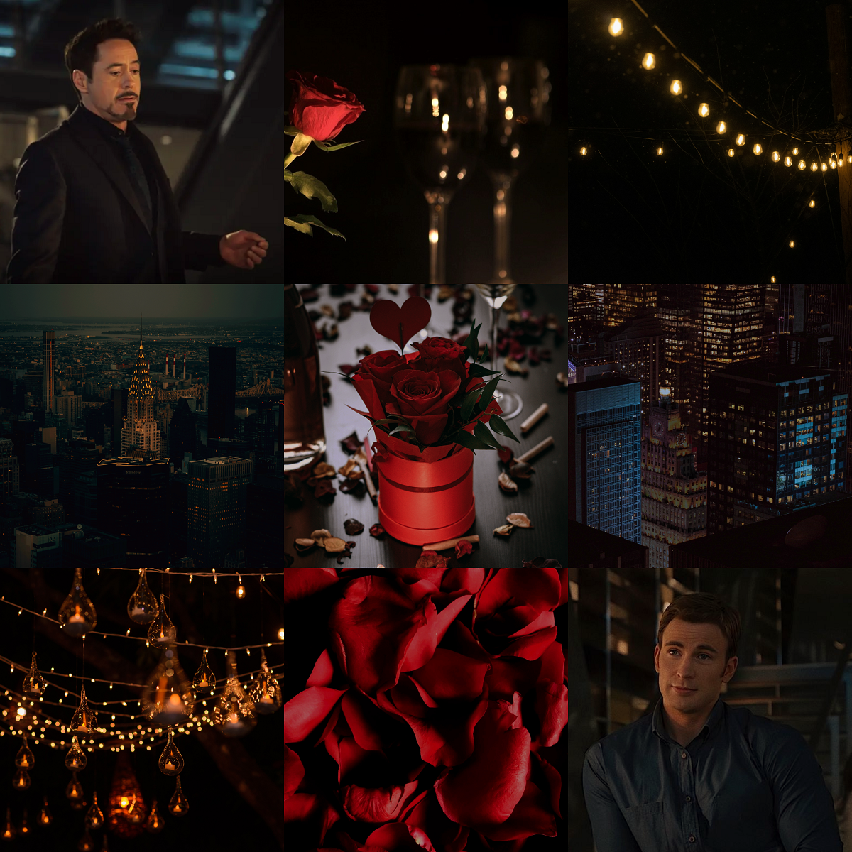 A 3x3 grid of images. 1- Tony Stark in a black suit. 2- A red rose in front of two wine glasses. 3- A long string of outdoor string lights. 4- The New York Cityscape around dusk. 5- A bucket bouquet of roses with a heart-shaped tag. 6- A city at night. 7- Many bright string lights, strung up in rows. 8- Red rose petals. 9- Steve Rogers in a blue button-down shirt, looking relaxed and open.