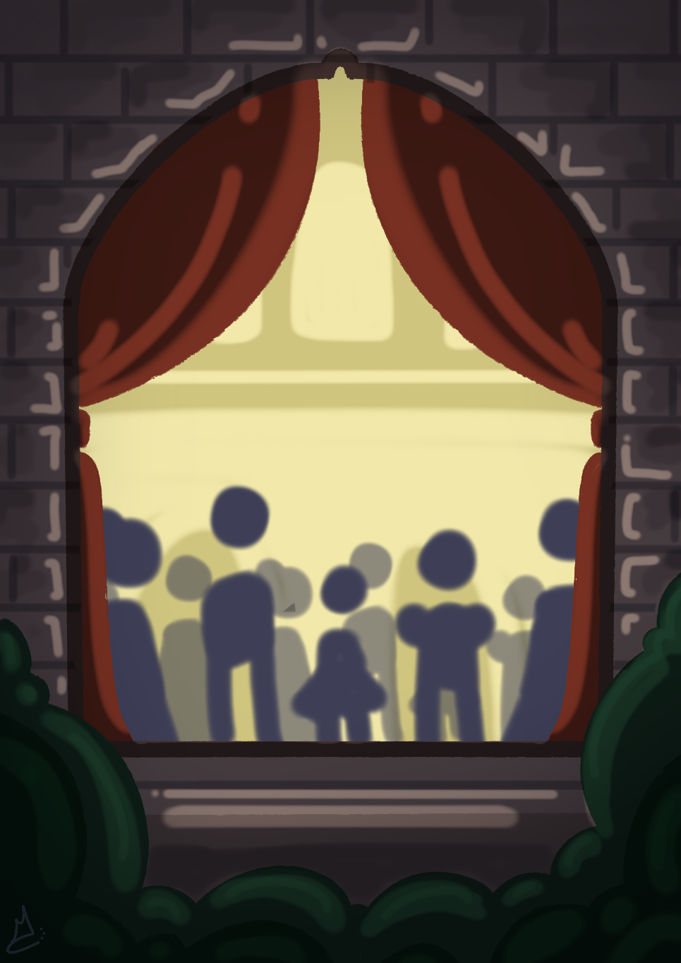 [A digital illustration of a window looking into the gala. It is surrounded by greenery below and stonework above. Outside the window is darker and rim lit by the warm light inside. Red curtains can be seen through the window along with the silhouettes of many people dancing in a ballroom.]