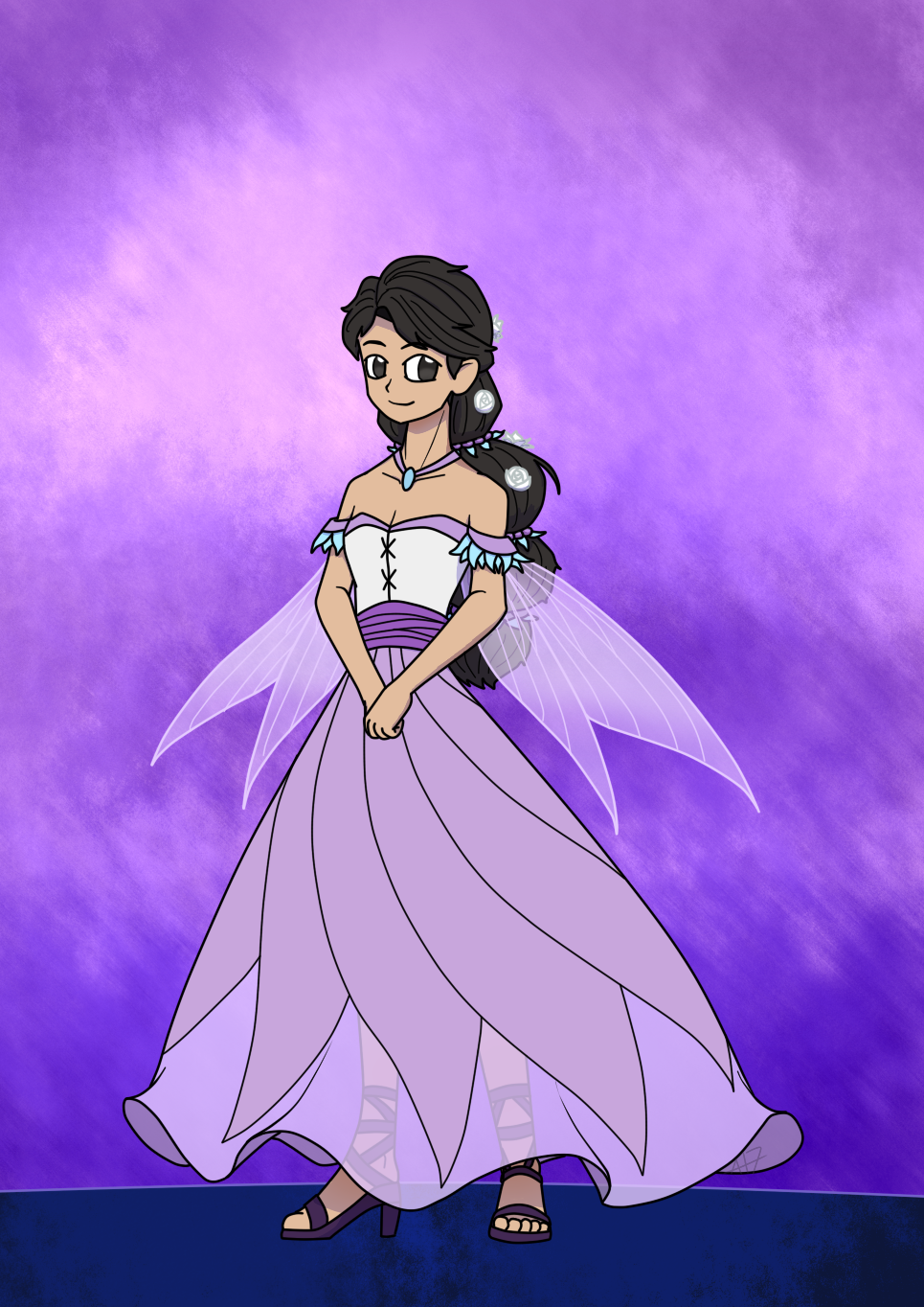 [a digital illustration of Katherine of the Overgrown, ruler of House Blossom, her long black hair tied with three rings of flowers. White flowers are placed in her hair, and a lilac-colored necklace holds a light blue gem. Her outfit consists of a primarily lilac-colored dress with a white top, purple waist sash, flowing skirt, bearing a resemblance to a closed flower bud, and purple heels.]
