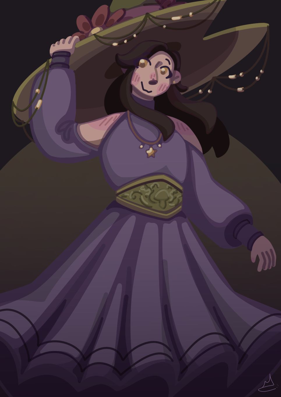 [A digital illustration of Shubble, a woman with long dark hair and golden brown eyes.She is smiling and holding onto the brim of her large hat, designed to look like a lilypad. The hat has golden beads strung from it and is decorated with a mauve sash and large flower. She is wearing a purple high-necked cold shoulder dress with a bouncy skirt. It is fastened around the middle with a green leather belt featuring a mushroom design.]