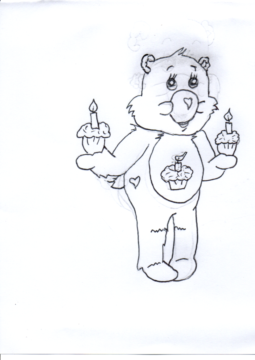 Birthday Bear holding up two cupcakes
