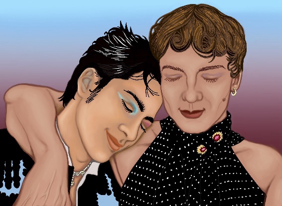 Hudson Williams in black swan makeup, smiling happily, with his head, eyes closed, on Connor Storrie's shoulder. Connor is looking down, smiling, wearing a designer top and jewelery.