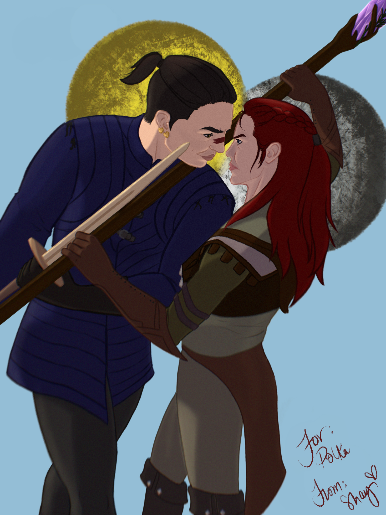 Farryn Hawke looms over Evelyn Trevelyan, wooden practice sword locking Evelyn's staff in place as she defends herself. Farryn has a classic smirk on her face while Evelyn is frustrated.