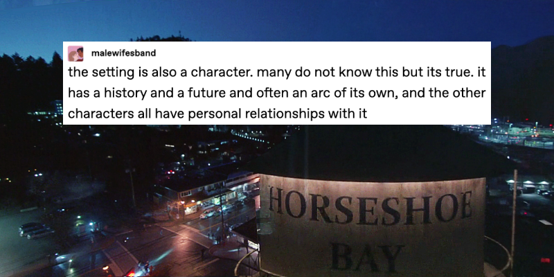 Screenshot of Nancy Drew 101, the pilot episode. A nighttime shot of the Horseshoe Bay water tower in the foreground, with the town visible in the background. A text post over top from tumblr user malewifesband reads: the setting is also a character. many do not know this but its true. it has a history and a future and often an arc of its own, and the other characters all have personal relationships with it