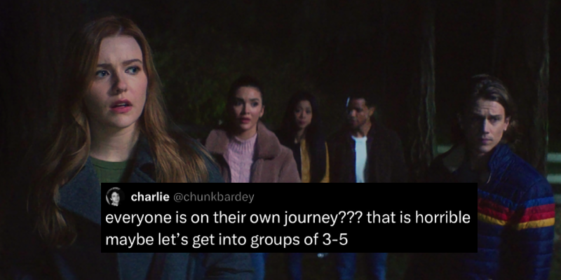Screenshot of Nancy Drew 201, The Search for the Midnight Wraith. The Drew Crew—Nancy, Bess, George, Nick, and Ace—are in Gorham Woods at night as they search for the person who might have information about how to stop the Aglaeca’s curse.  A tweet over top from charlie @chunkbardey reads: everyone is on their own journey??? that is horrible maybe let's get into groups of 3-5 
