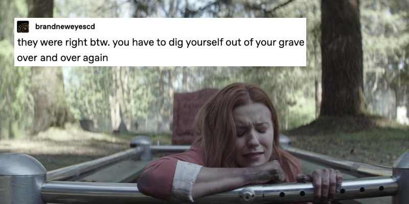 Screenshot of Nancy Drew 218, The Echo of Lost Tears. In the Wraith Dreamscape, Nancy, her hands covered with black dirt, is just pulling herself over the edge of a freshly-dug grave at the cemetery. A text post overtop from tumblr user brandneweyescd reads: they were right btw. you have to dig yourself out of your grave over and over again