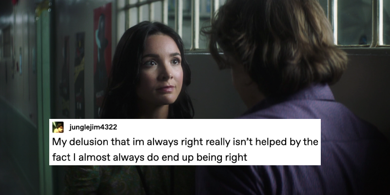 Screenshot of Nancy Drew 303, The Testimony of the Executed Man. Bess, standing next to a high window at DetectiveCon, is pressing her lips together in frustration as she tries not to glare at Ace admitting that he ignored her instructions about burning Joe Kelsey’s belongings. A text post over top from tumblr user junglejim4322 reads: My delusion that im always right really isn’t helped by the fact I almost always do end up being right