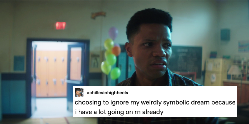 Screenshot of Nancy Drew 304, The Demon of Piper Beach. Nick is in his Sandman nightmare, looking distressed as he looks around the completely empty youth center. A text post over top from tumblr user achillesinhighheels reads: choosing to ignore my weirdly symbolic dream because i have a lot going on rn already