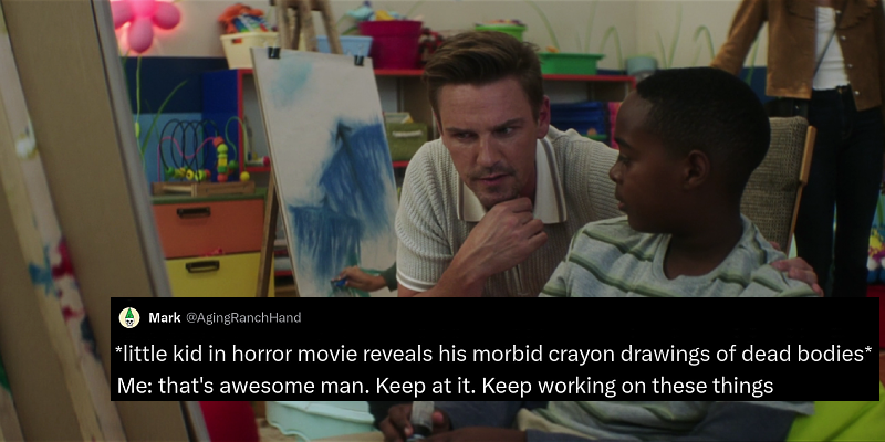 Screenshot of Nancy Drew 304, The Demon of Piper Beach. Ryan is crouched behind Kwame at the youth center, looking thoughtfully at the painting Kwame was just working on. Visible behind them is another kid’s painting of the Sandman figure they’ve all been dreaming about. A screenshot of a tweet from Mark @AgingRanchHand reads: *little kid in horror movie reveals his morbid crayon drawings of dead bodies* Me: that’s awesome man. Keep at it. Keep working on these things