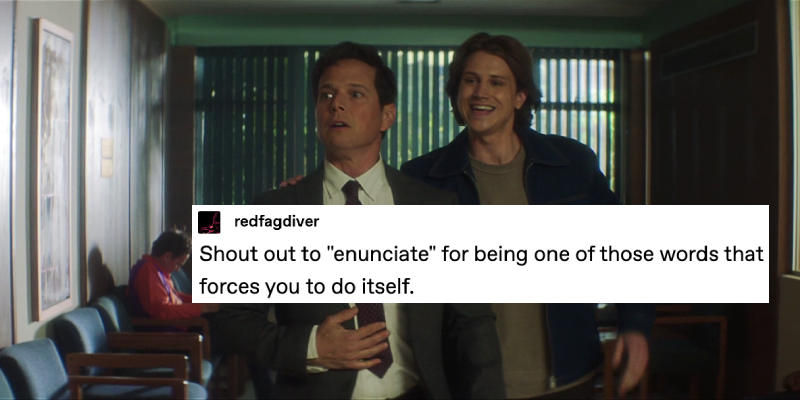 Screenshot of Nancy Drew 307, The Gambit of the Tangled Souls. Ace is standing behind Juvenescence-influenced Carson, ushering him into the judge’s chambers for his ex-parte hearing, reminding him to e-nun-ci-ate. A text post over top from tumblr user redfagdiver reads: Shout out to ‘enunciate’ for being one of those words that forces you to do itself.