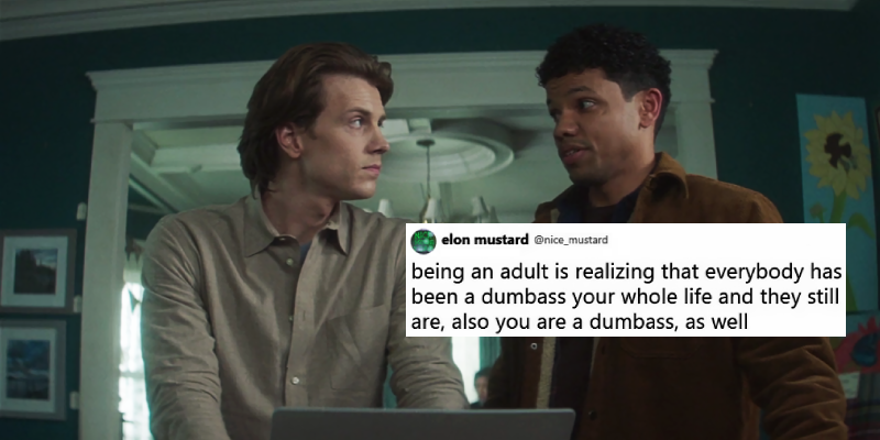 Screenshot of Nancy Drew 413, The Light Between Lives. Ace and Nick are standing in front of Ace’s laptop at the Historical Society, looking at each other as Nick speaks. A tweet over top by elon mustard @nice_mustard reads: being an adult is realizing that everybody has been a dumbass your whole life and they still are, also you are a dumbass, as well